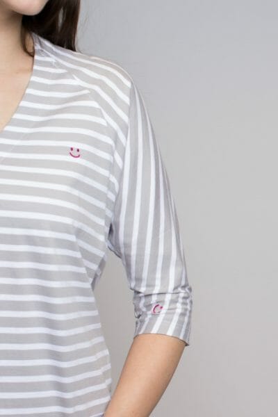 Grey & White Striped Mid-Sleeved T-Shirt