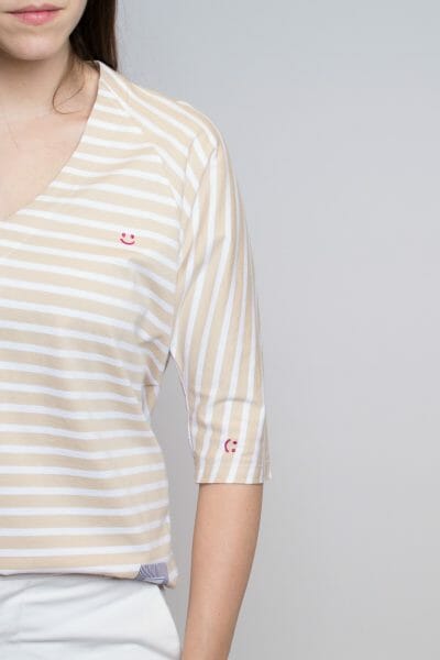 Beige & White Striped Mid-Sleeved T-Shirt
